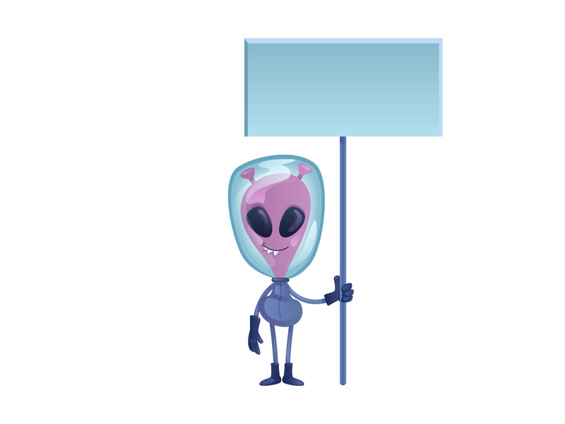 Alien holding blank banner flat cartoon vector illustration