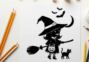 Halloween silhouette of a witch with cat and bats