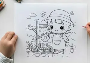 Cute girl watering plants in garden vector illustration