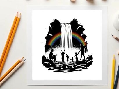 Silhouette of family enjoying a beautiful rainbow and waterfall