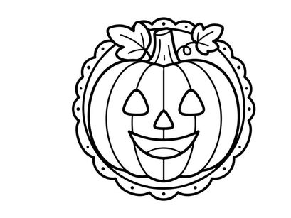 Hand-drawn Halloween pumpkin jack-o-lantern illustration. Vintage style spooky carved face with floral wreath decoration.