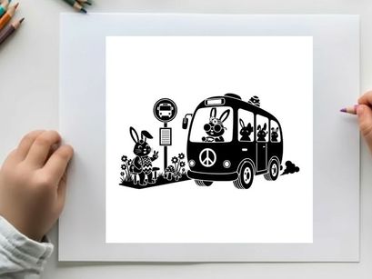 Peaceful silhouette of a psychedelic bus with bunnies on a road trip