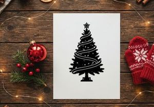 Black and white silhouette of a decorated Christmas tree with a star topper icon.