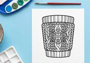 Christmas coffee cup sleeve with snowflake pattern line art illustration for coloring page
