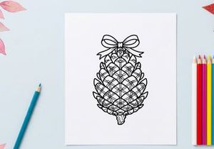 Ilustração decorativa de pinha para temas natalinos ou naturais. Desenho botânico artístico de uma pinha com traços detalhados.