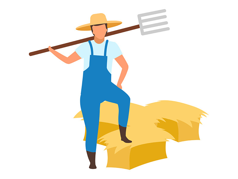 Farmer with pitchfork flat vector character