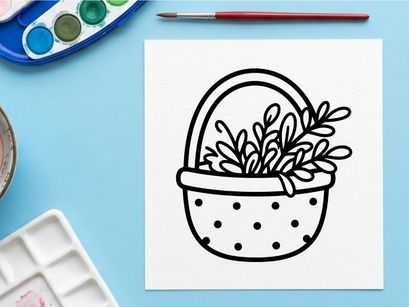 Hand-drawn Halloween basket with green monster plant. Spooky trick-or-treat container filled with eerie foliage for festive decor.