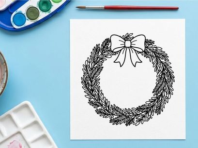 Girlanda de Natal desenhada à mão com galhos de pinheiro e flor de floco de neve branca para decoração festiva de feriados