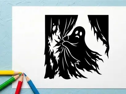 Silhouette of a spooky ghost with flowing hair and haunting eyes