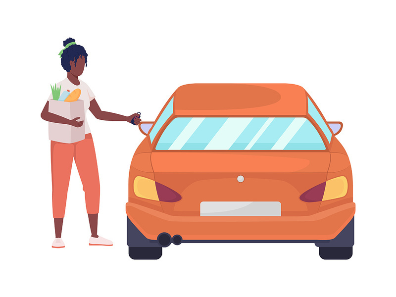 Woman with purchases opening car semi flat color vector character