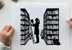 Silhouette of woman retrieving book from tall bookshelf using ladder