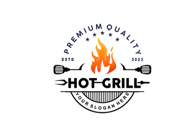Barbeque Logo, Hot Grill Design With Fire And Spatula, Vector BBQ Grill Vintage preview picture