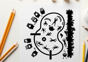 Silhouette of a face with various human and object silhouettes