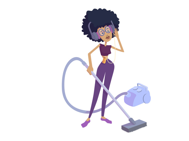 Woman in headphones vacuum cleaning flat cartoon vector illustration