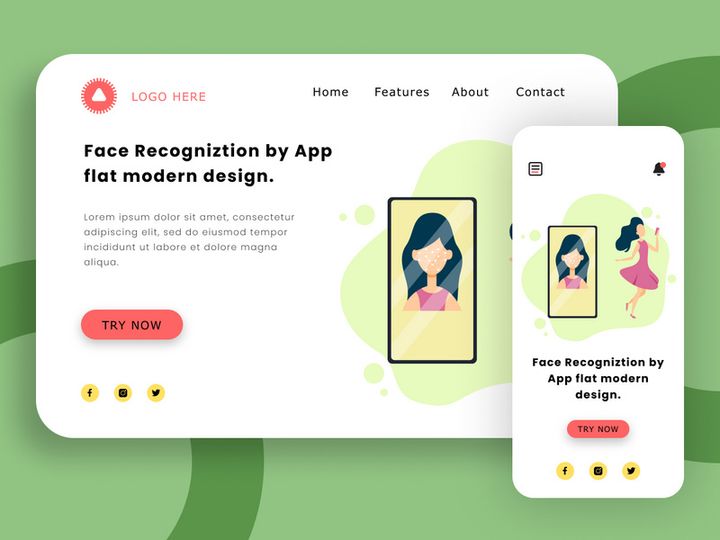 A Selfie Girl. Face Recognition by App flat modern design.