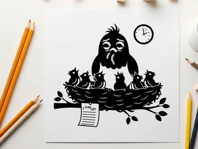 Silhouette of a stressed bird in a nest with young