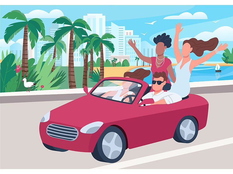 Man in car surrounded by girls flat color vector illustration