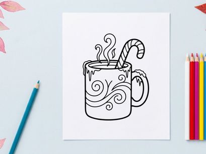Taza de chocolate caliente humeante con agitador de bastón de caramelo para celebración navideña festiva