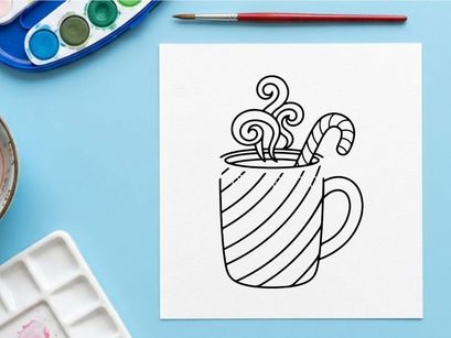 Hand-drawn steaming Christmas coffee mug with candy cane stirrer and swirl steam illustration