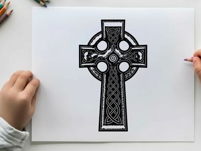 Celtic cross silhouette with intricate knotwork design