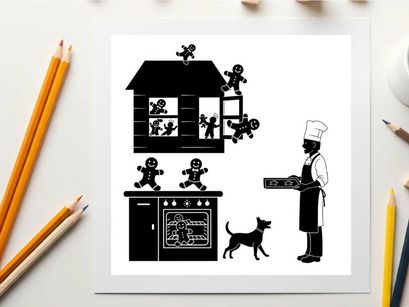 Silhouette of a chef baking gingerbread men in a house