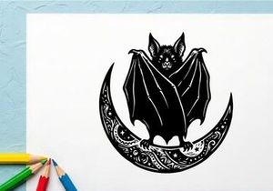 Stilisierter Fledermaus-Sitz auf einer Mondsichel mit ornamentalen Details