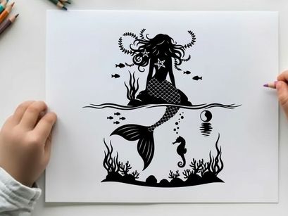 Mermaid silhouette sitting underwater with seahorse and fish