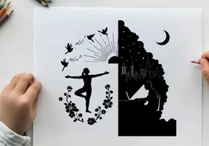 Silhouette of a dancer and a pianist in contrasting environments silhouette