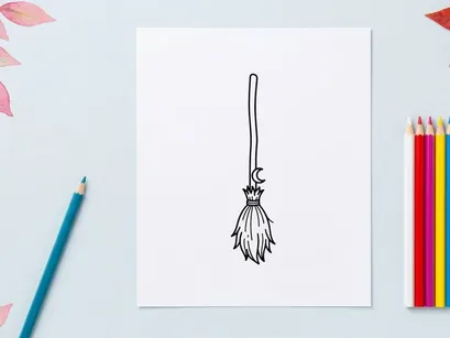 Witch broomstick icon with crescent moon. Magic broom line art for Halloween design.