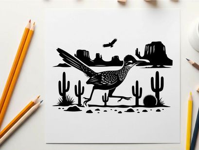 Desert scene with roadrunner in silhouette desert landscape