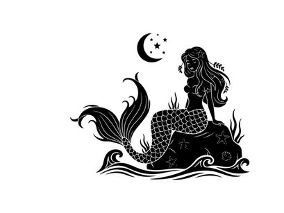 Mermaid silhouette sitting on rock under crescent moon