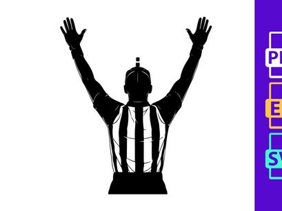A black silhouette of a referee with raised arms in a victorious gesture