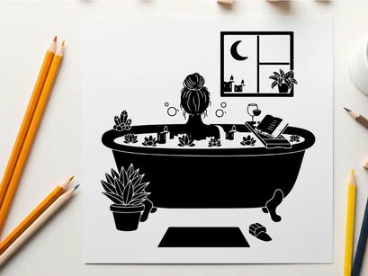 Silhouette of woman relaxing in a bubble bath at home