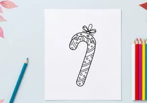 Handgezeichnete Zuckerstangen-Dekoration mit Schleife, schwarze und weiße Weihnachts-Linienkunst-Ikone.