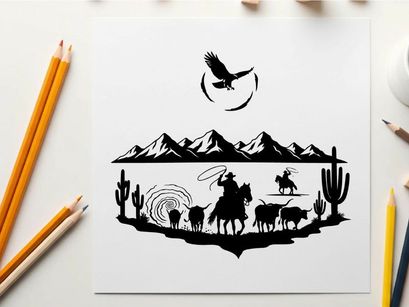 Western cowboy riding horse silhouette with mountains and cacti