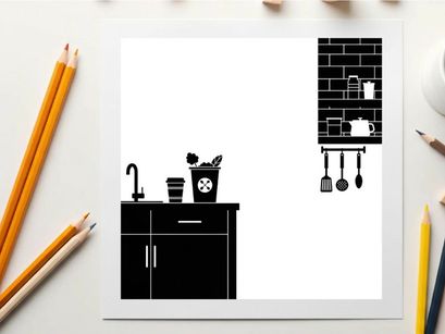 Silhouette of a kitchen counter and utensils on a white background