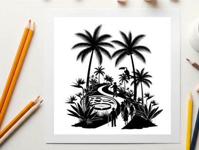Tropical island silhouette with palm trees and winding path