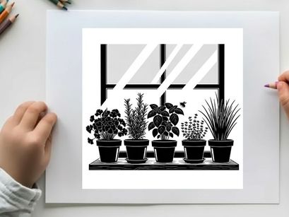 Silhouette of plants on a windowsill with a sunny view outside