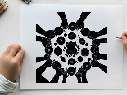 Silhouette of hands holding plates in a circular formation