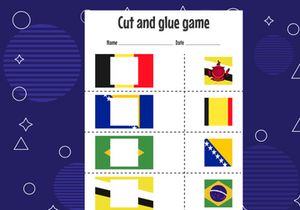 12 Pages Cut and glue game for kids with country flag. Cutting practice for preschoolers. Education paper game for children