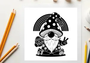 Black and white silhouette of a peaceful mushroom gnome with rainbow