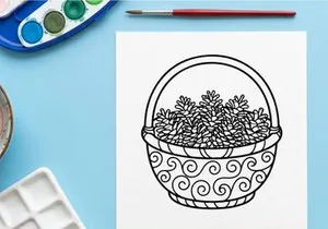 Line art illustration of a basket filled with pine cones