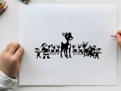 Reindeer silhouette standing in front of a group with santa