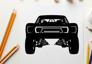 Silhouette of a rugged off road truck with large tires and suspension