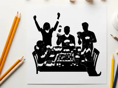 Silhouette of four people celebrating at a gaming table