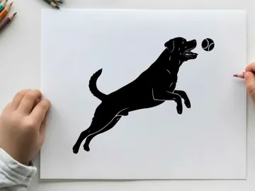 Black silhouette dog jumping for a ball in mid air silhouette preview picture