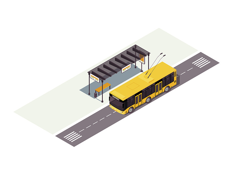 Trolleybus stop isometric color vector illustration