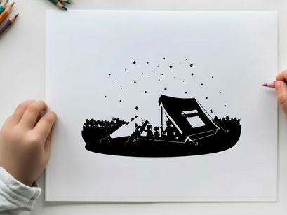 Silhouette of people camping outdoors at night