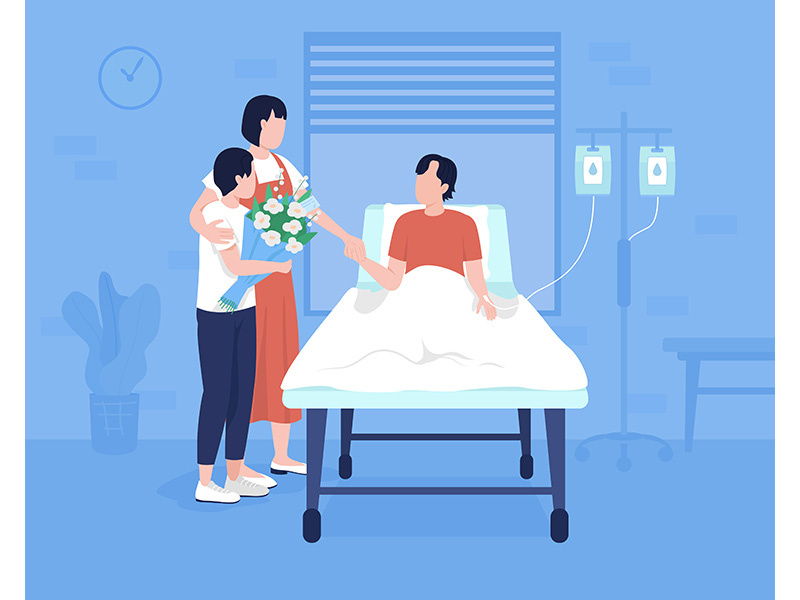 Member family at hospital flat color vector illustration