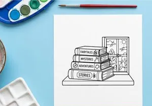 Stack of vintage books on a windowsill with a view of nature, hand drawn line art style.
